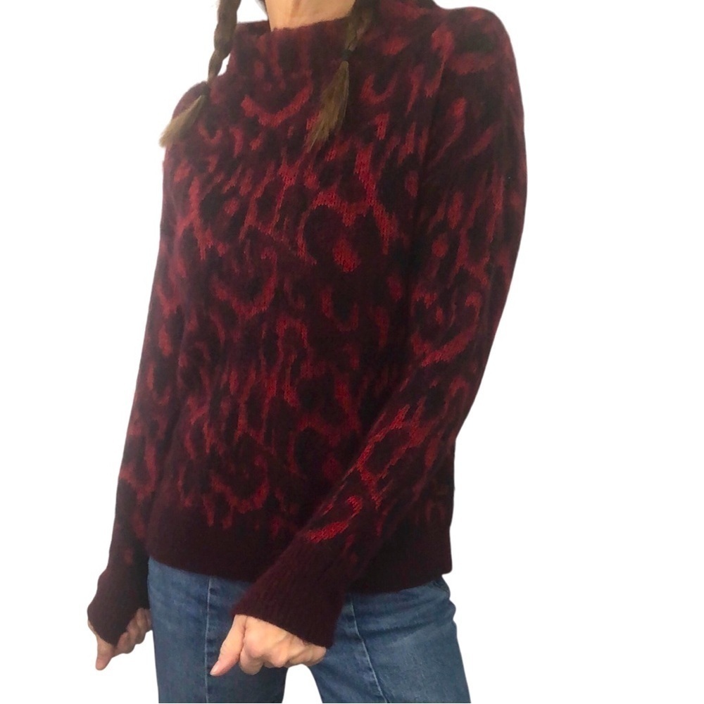 Mohair Blend Red Leopard Print Sweater Sz S Mock Neck Cozy Warm Animal Print
